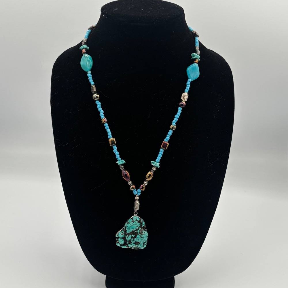 Turquoise Beaded Necklace Boho Southwestern Statement Pendant